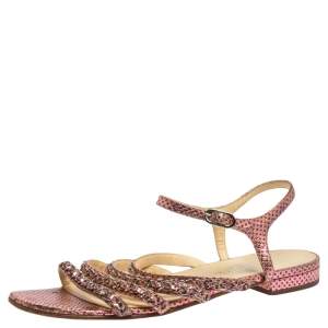 Chanel Metallic Pink Polka Dot Print Leather Chain Detail Ankle Strap Flat Sandals Size 41