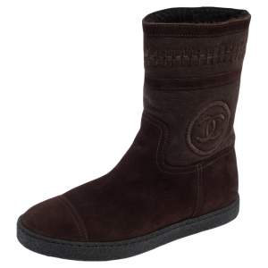 Chanel Brown Suede CC Ankle Boots Size 36.5