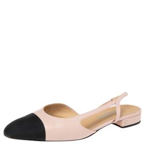 Pre Owned Chanel Beige Leather And Canvas Cap Toe Slingback Flats Sandals Size 39