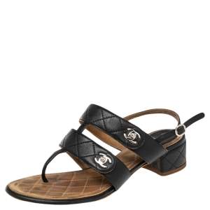 مملوكة مسبقًا Chanel Black Quilted Leather  CC Logo Slingback Sandals Size 36