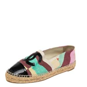 Pre Owned حذاء إسبادريل فلات شانيل كانفاس مطبوع وجلد لامع غطاء مقدمة مقاس 36