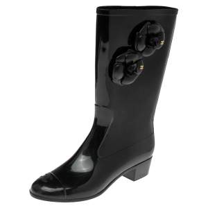 Chanel Black Camellia  Rubber Rain Boots Size 41
