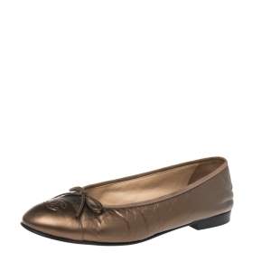 Chanel Metallic Bronze Leather CC Cap Toe Ballet Flats Size 41.5