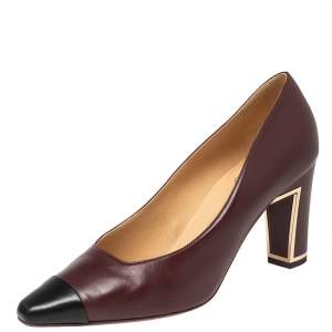 Chanel Black/Burgundy Leather Block Heel Pumps Size 42