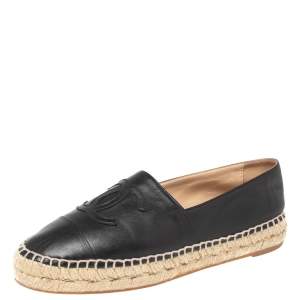 Pre Owned Chanel Black  Leather CC Cap Toe Espadrilles Flats Size 37