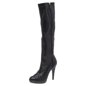 Chanel Black Quilted Leather CC Cap Toe Knee Length Boots Size 38