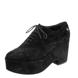 Pre Owned Chanel Black Suede CC Cap Toe Wedge Oxford Size 41