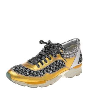 Pre Owned Chanel Multicolor Tweed And Leather Lace Up Sneakers Size 38.5