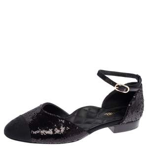 Chanel Black Sequin And Fabric CC Cap Toe Ankle Strap Flats Size 37