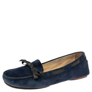 Pre Owned Chanel Navy Blue Suede Bow Detail Loafers Size 39