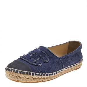Pre Owned Chanel Blue Denim CC Espadrille Flats Size 39