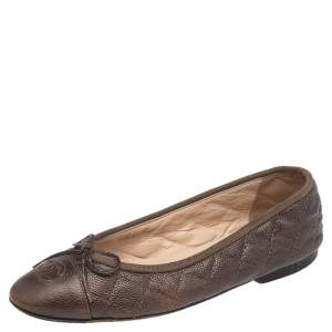 Pre Owned Chanel Brown Quilted Leather CC Bow Ballet Flats Size 36