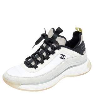حذاء رياضي شانيل نايلون وسويدي أبيض CC عنق منخفض مقاس 40.5 