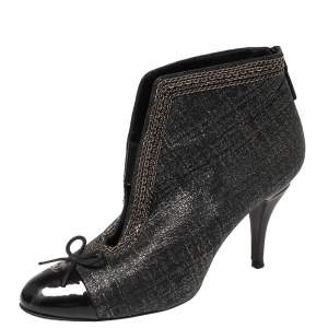 Chanel Black Shimmery Suede And Patent Leather CC Cap Toe Ankle Boots Size 38