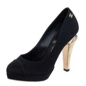 Pre Owned Chanel Black Fabric Cap Toe Metal Heel Platform Pumps Size 35.5