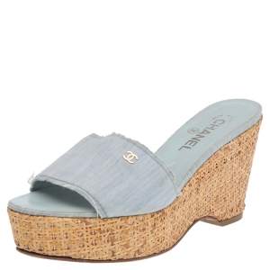 Chanel Blue Fabric Open Toe Raffia Wedge Platform Slide Sandals Size 38.5