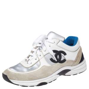 Pre Owned Chanel Multicolor Suede And Fabric  Interlocking CC Logo Low Top Sneakers Size 37