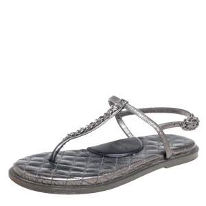 مملوكة مسبقًا Chanel Metallic Green Leather Chain Link T-Strap Flats Size 36.5