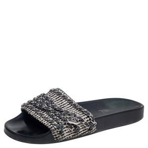 Chanel Grey/Black Tweed And Leather Tropiconic Chain Detail Slides Size 40