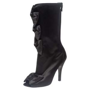 Chanel Black Satin CC Bow Peep Toe Booties Size 38.5