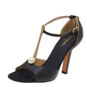 Chanel Black Leather Pearl CC Ankle Strap Sandals Size 37