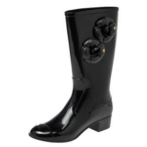 Chanel Black Camellia  Rubber Rain Boots Size 38