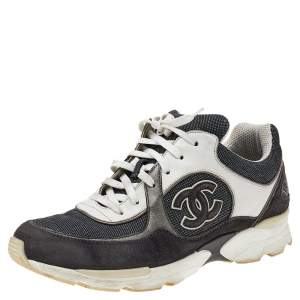 Pre Owned Chanel Grey/White Canvas And Suede CC Trainers Low Top Sneakers Size 38.5