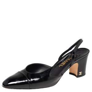 مملوكة مسبقًا Chanel Black Patent Leather Cap Toe Slingback Sandals Size 38.5