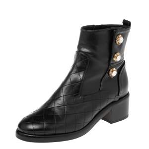 Chanel Black Leather Embellished  Block Heel Ankle Booties Size 37