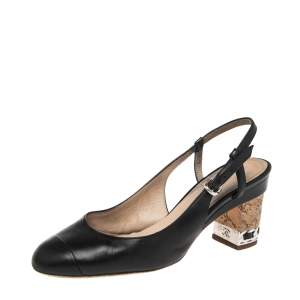 Chanel Black Leather CC Cap Toe Slingback Pumps Size 36.5