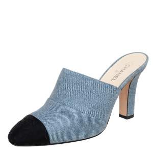 مملوكة مسبقًا Chanel Black/Blue Denim and Fabric CC Mules Size 37