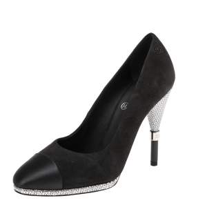 Chanel Black Suede And Satin  Cap Toe Pumps Size 36.5