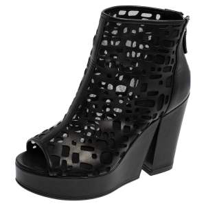 Chanel  Black Leather and Mesh Cut-Out Peep Toe Platform Ankle Boots 38.5