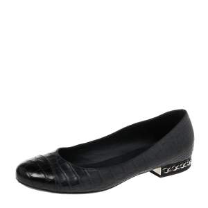Pre Owned Chanel Blue/Black Alligator Leather CC Ballet Flats Size 39.5