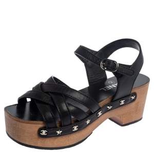 مملوكة مسبقًا Chanel Black Leather Strappy Wooden Platform Sandals Size 37