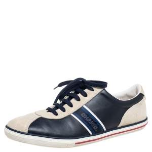 Pre Owned Chanel Navy Blue, Light Grey Quilted Suede And Leather Logo Low Top Sneakers Size 40