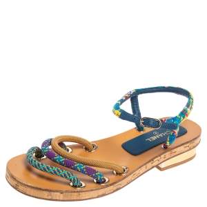 Chanel Multicolor Nylon And Tweed Cork Ankle Strap Sandals Size 40