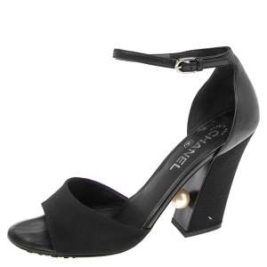 مملوكة مسبقًا Chanel Black Leather  And Canvas Pearl Embellishment Heel Ankle Strap Sandals Size 40