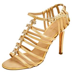 Chanel Beige Patent Leather Bow Embellished Cage Sandals Size 38