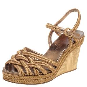 Chanel Metallic Gold Woven Fabric Wedge Platform Sandals Size 36.5