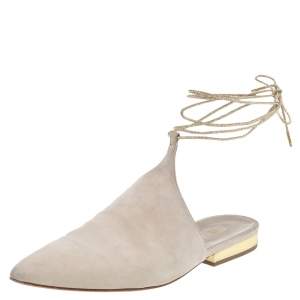 مملوكة مسبقًا Chanel Beige Suede Ankle Wrap Mule Flats Size 38