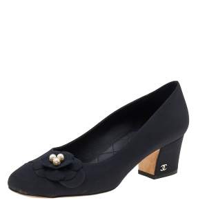 Chanel Black Fabric Camellia CC Block Heel Pumps Size 37.5
