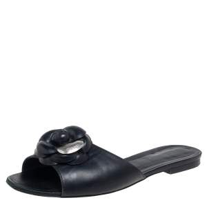 Chanel Black Leather Camellia Flat Sandals Size 41