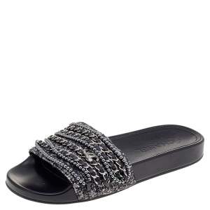 Chanel Grey/Black Tweed And Leather Tropiconic Chain Detail Slides Size 38