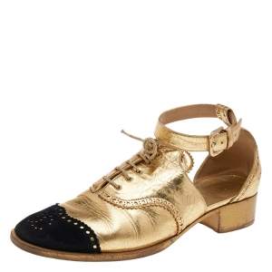 Pre Owned Chanel Gold/Black Suede And Leather CC Ankle Strap Lace-Up Sandals Size 39.5