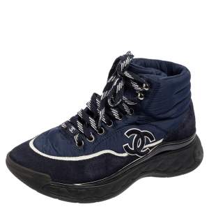 Pre Owned Chanel Navy Blue Nylon, PVC, and Suede High Top Lace Up Sneakers Size 36
