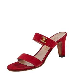 Pre Owned Chanel Red Suede CC Slide Sandals Size 36.5