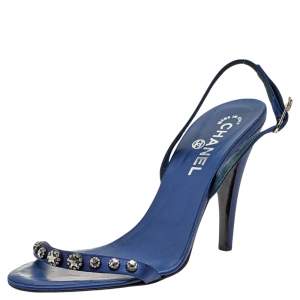 Chanel Blue Satin Crystal Embellished CC Star Slingback Sandals Size 40.5