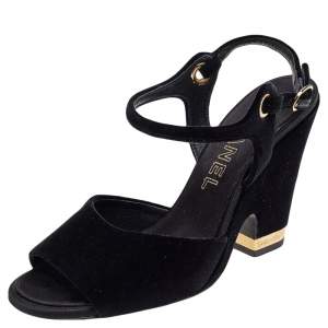 Chanel Black Velvet Open Toe Slingback Sandals Size 37.5