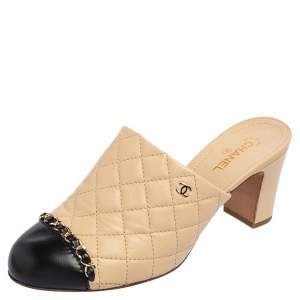مملوكة مسبقًا Chanel Beige Quilted Leather Chain Link Mules Size 38